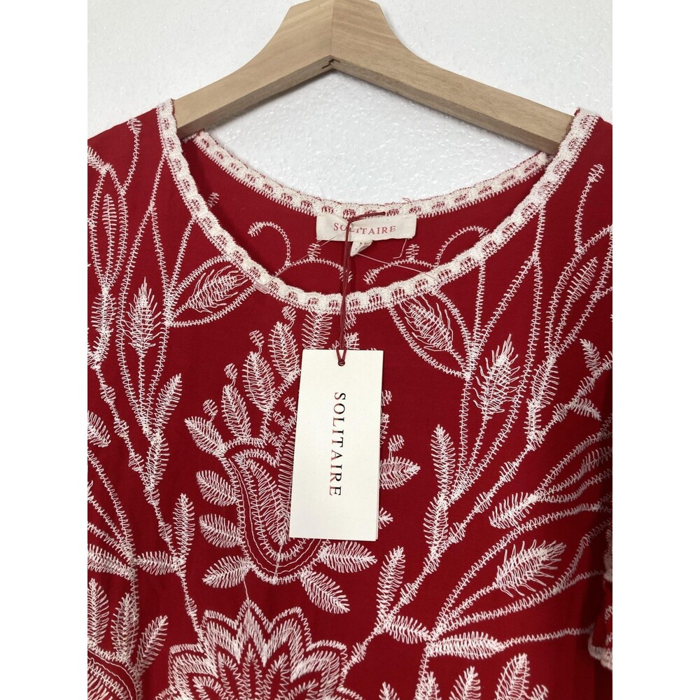 Solitaire Blouse Womens Medium Red Floral Embroidered Ruffle Flutter Top Boho - Picture 12 of 16
